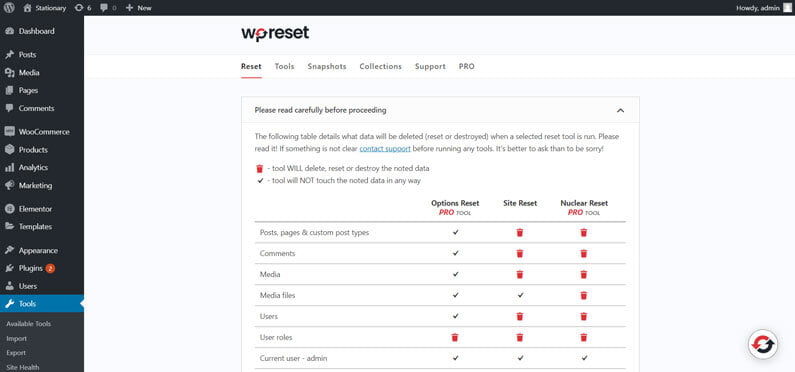 WP Reset Dashboard